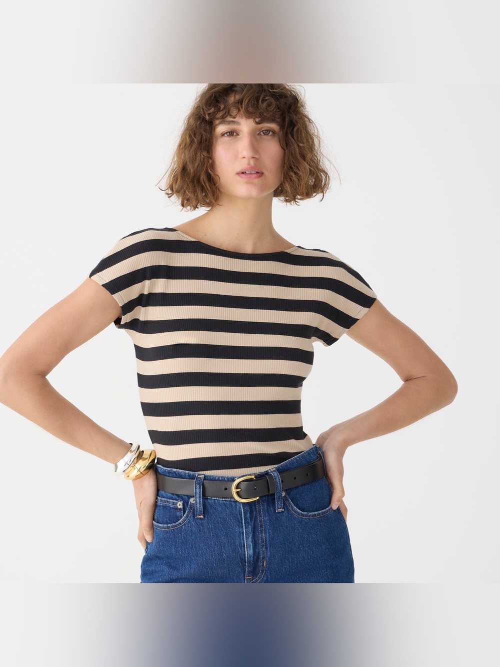 J. Crew Vintage rib scoopback T-shirt Black & Cream Striped Boatneck Tee Small